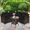 5-Piece Black PE Rattan Outdoor Sectional Sofa Set with Cushions & Round Tempered Glass Coffee Table